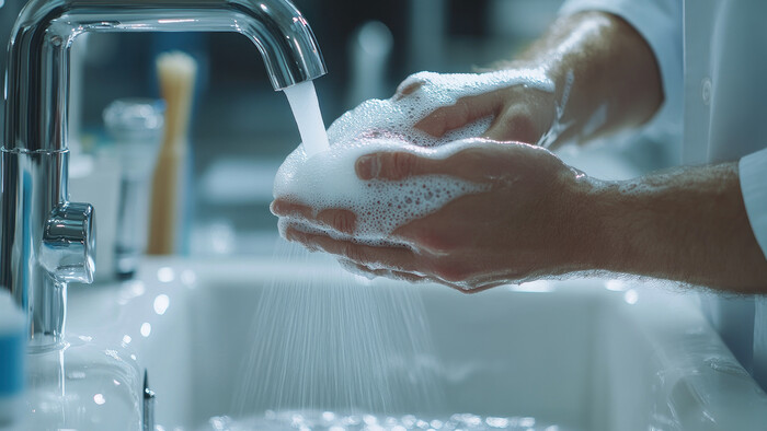 Hot water for handwashing is generated using heat recovery from a compressor.