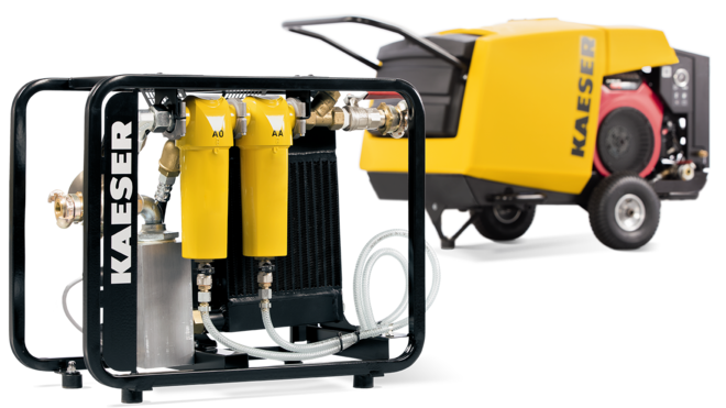 Compressed air aftercooler with supporting frame for road-going portable compressors from Kaeser Kompressoren.